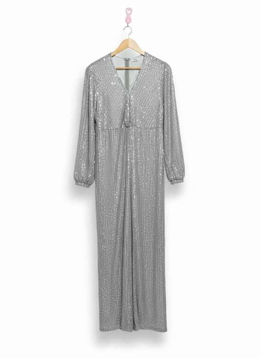 SILVER SEQUIN LONG SLEEVE WIDE LEG JUMPSUIT|XXL|BUST 20