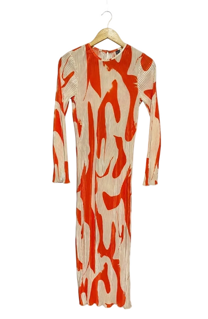 SHEIN | XS | BUST 16| B10| PREMIUM ORANGE ABSTRACT SWIRL PLEATED MAXI DRESS FOR WOMEN
