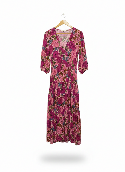 LABEL OF LOVE |M| BUST 17|B12| VIBRANT MAGENTA FLORAL TIERED MAXI DRESS