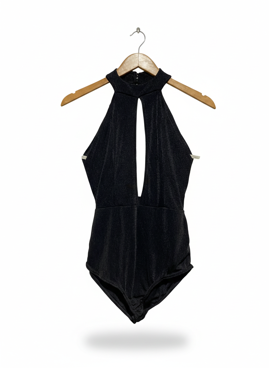 BOOHOO |M| BUST 13|B10|STARDUST SHIMMER KEYHOLE HALTER BODYSUIT