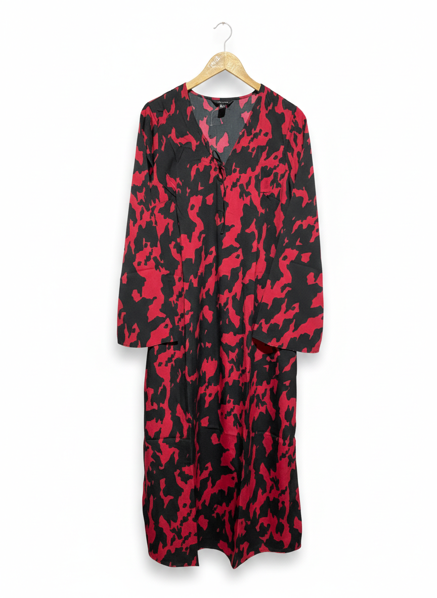 NEW LOOK |L| BUST 18| C6| RED AND BLACK ABSTRACT PRINT V-NECK MIDI DRESS
