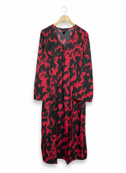 NEW LOOK |L| BUST 18| C6| RED AND BLACK ABSTRACT PRINT V-NECK MIDI DRESS