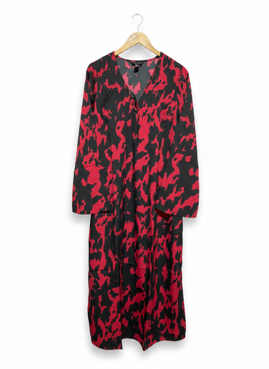 NEW LOOK |L| BUST 18| C6| RED AND BLACK ABSTRACT PRINT V-NECK MIDI DRESS