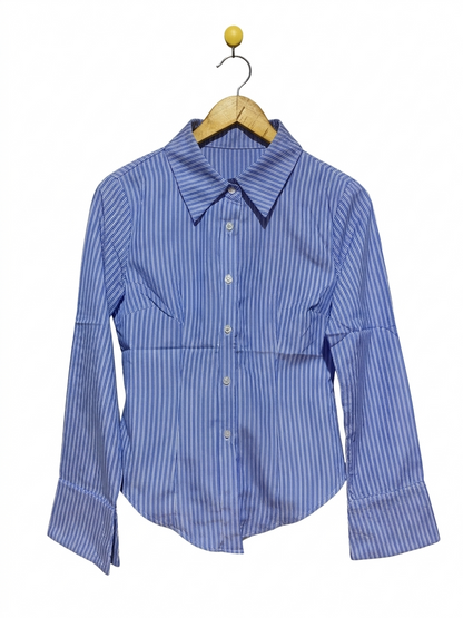 SHEIN |S| BUST 17| B8| CLASSIC BLUE AND WHITE VERTICAL STRIPED BUTTON-DOWN SHIRT