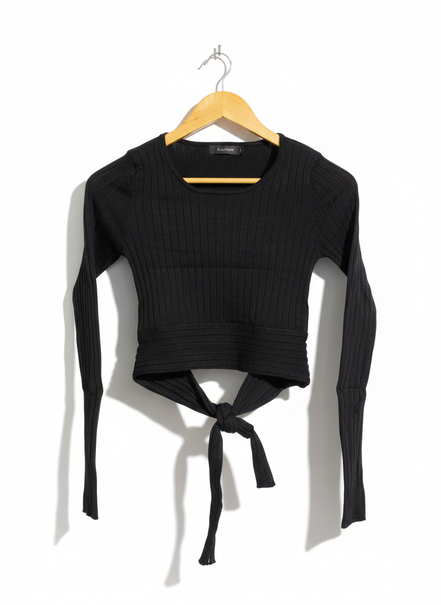 GLASSONS |S| BUST 13| Black Ribbed Knit Long-Sleeve Crop Top