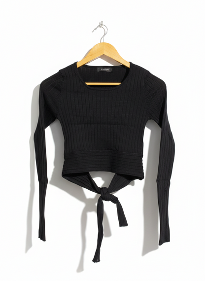 GLASSONS |S| BUST 13| Black Ribbed Knit Long-Sleeve Crop Top