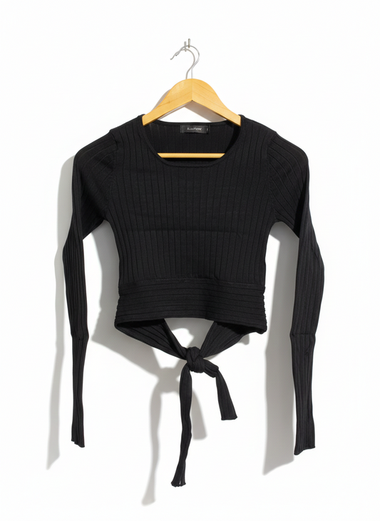 GLASSONS |S| BUST 13| Black Ribbed Knit Long-Sleeve Crop Top