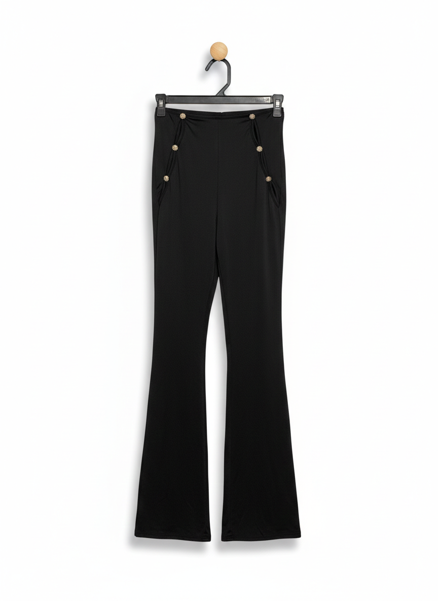 CHIC BLACK HIGH-WAISTED SAILOR FLARE PANTS WITH GOLD BUTTON ACCENTS |S| WAIST 23|