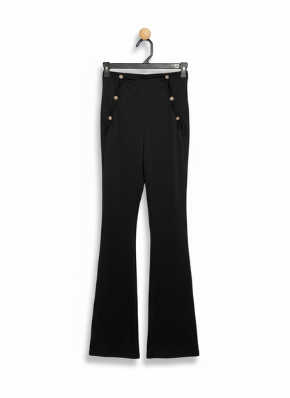 CHIC BLACK HIGH-WAISTED SAILOR FLARE PANTS WITH GOLD BUTTON ACCENTS |S| WAIST 23|