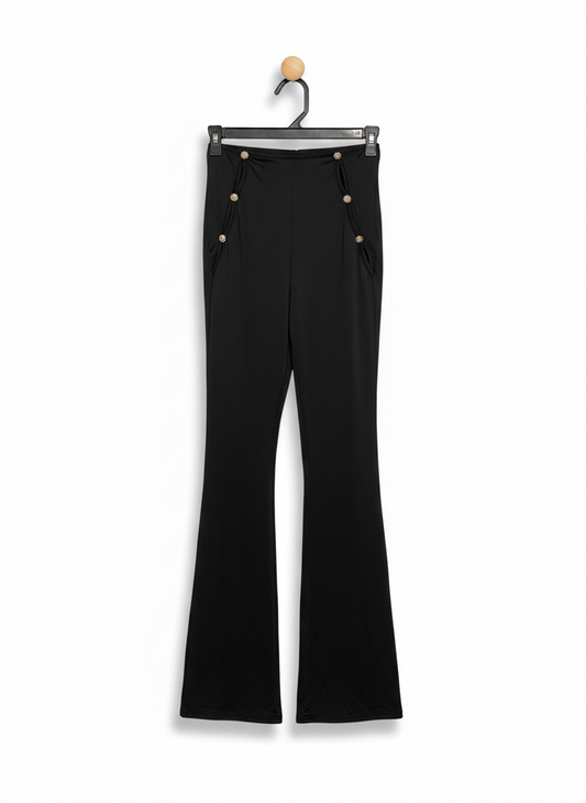 CHIC BLACK HIGH-WAISTED SAILOR FLARE PANTS WITH GOLD BUTTON ACCENTS |S| WAIST 23|