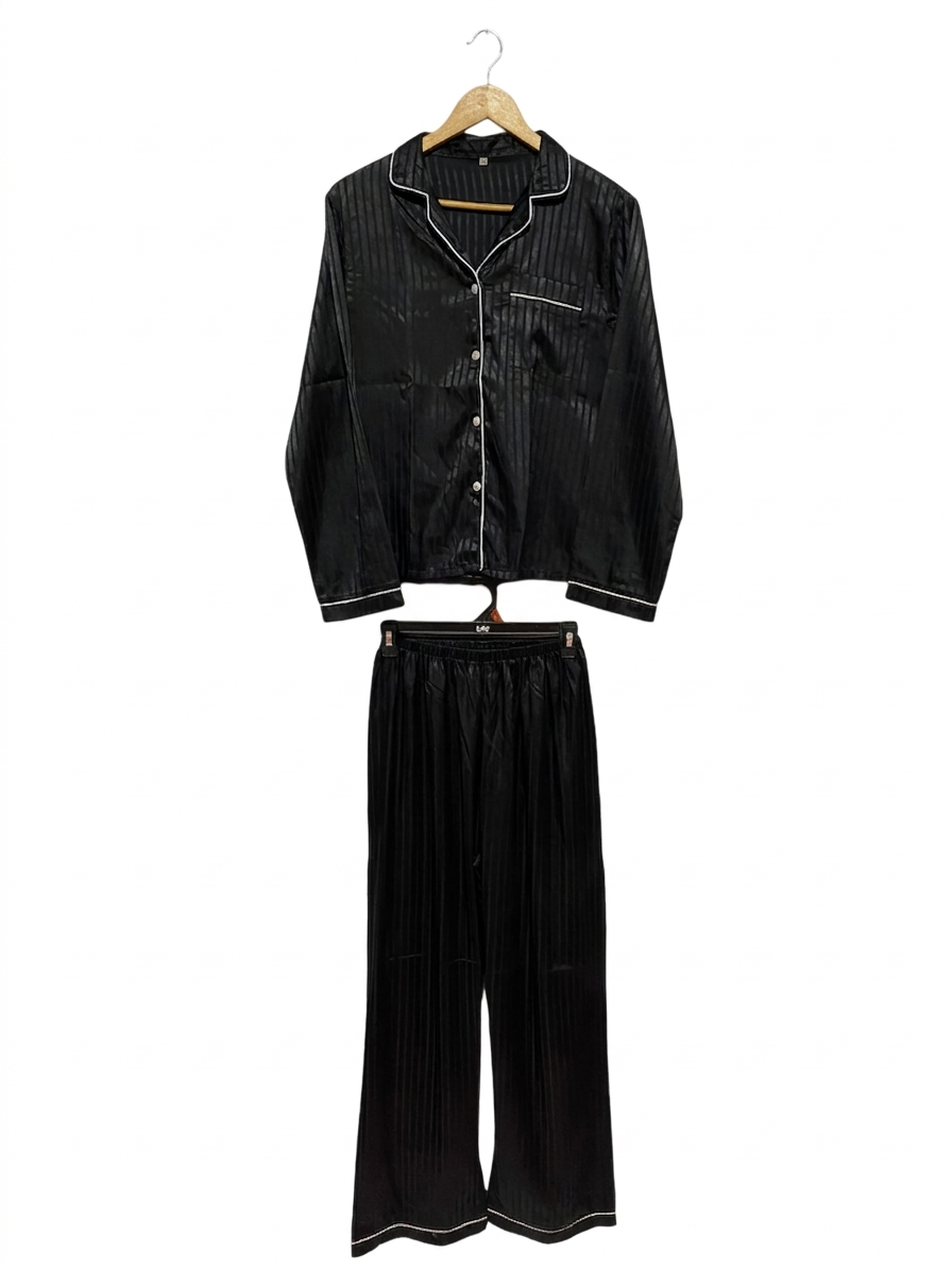 | S| B10| LUXURY SILK SATIN STRIPED PAJAMA SET - CLASSIC BLACK