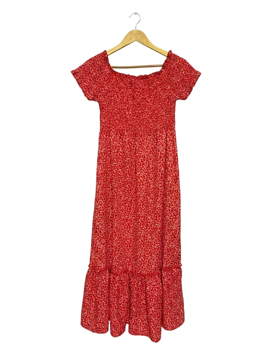 TEMT |S| BUST 14| B26| VIBRANT CRIMSON DITSY FLORAL SMOCKED MAXI DRESS