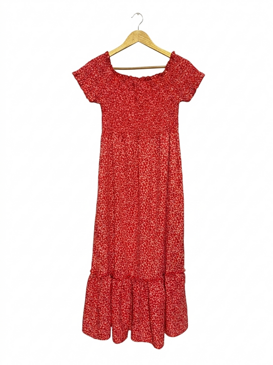 TEMT |S| BUST 14| B26| VIBRANT CRIMSON DITSY FLORAL SMOCKED MAXI DRESS