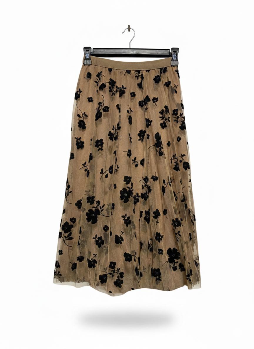 WOMEN'S EMBROIDERED MESH MIDI SKIRT IN TAN AND BLACK |S| WAIST 24|
