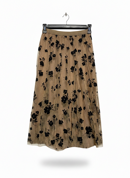 WOMEN'S EMBROIDERED MESH MIDI SKIRT IN TAN AND BLACK |S| WAIST 24|