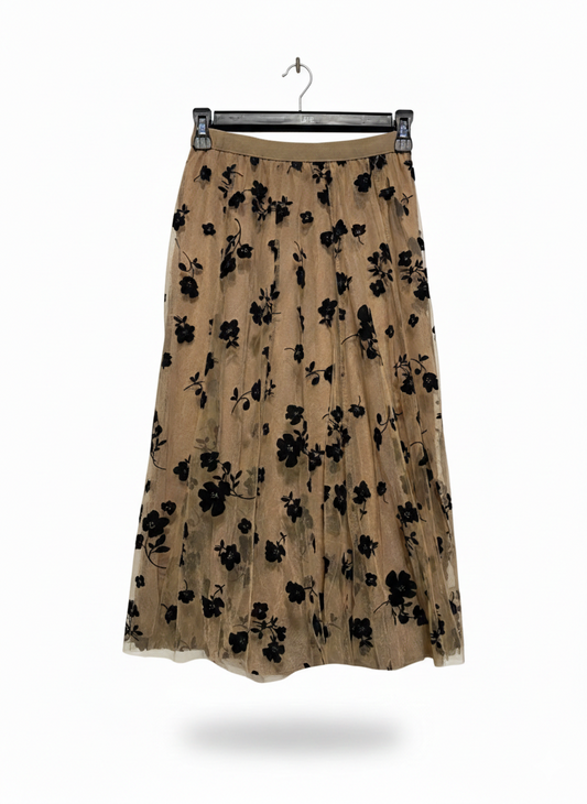 WOMEN'S EMBROIDERED MESH MIDI SKIRT IN TAN AND BLACK |S| WAIST 24|