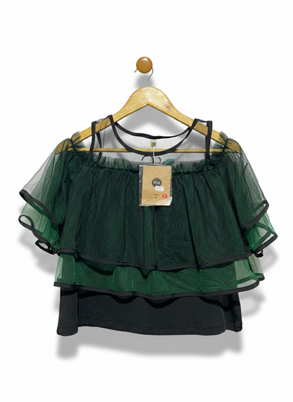 KLG |M/L| BUST 18| ELEGANT FOREST GREEN MULTI-TIERED MESH RUFFLE TOP