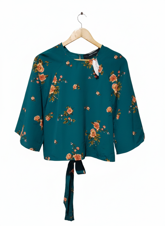 CODE X MODE|M|BUST 18|Green/Teal Floral Blouse Waist Tie