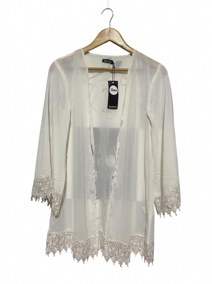 BOOHOO |S| BUST 16 | B9| WHITE SHEER LACE TRIM KIMONO CARDIGAN