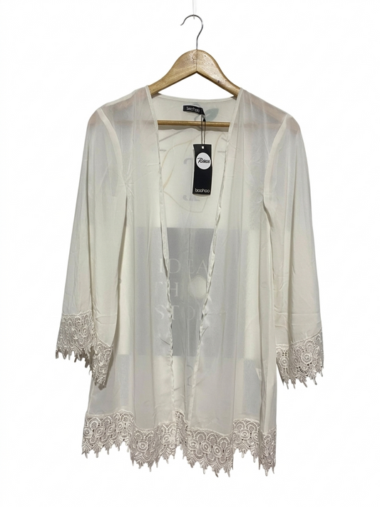 BOOHOO |S| BUST 16 | B9| WHITE SHEER LACE TRIM KIMONO CARDIGAN