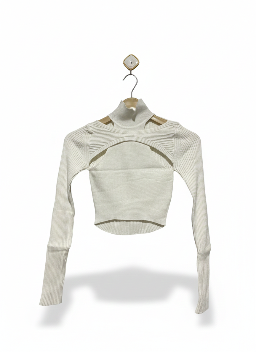 RUMOR |S/M| BUST 11| White Ribbed Knit Long-Sleeve Crop Top