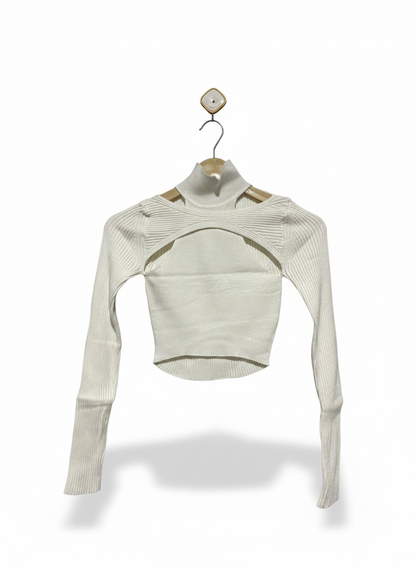 RUMOR |S/M| BUST 11| White Ribbed Knit Long-Sleeve Crop Top