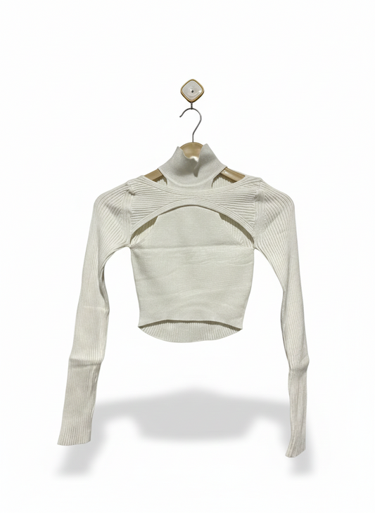 RUMOR |S/M| BUST 11| White Ribbed Knit Long-Sleeve Crop Top