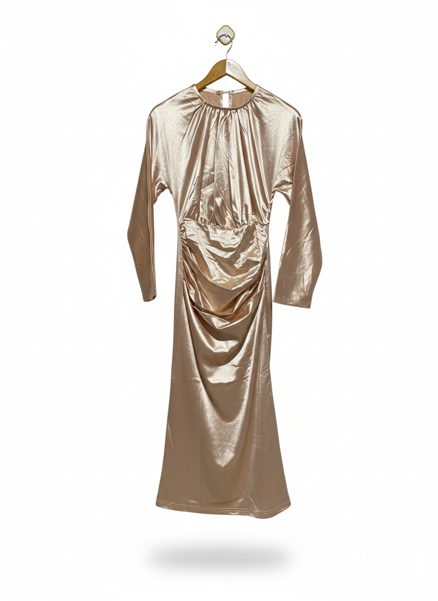 SHEIN |M| BUST FREE| C6|  WOMEN'S METALLIC CHAMPAGNE LONG SLEEVE RUCHED MAXI DRESS