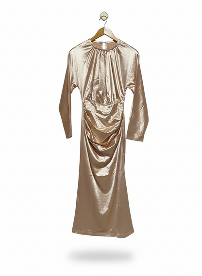 SHEIN |M| BUST FREE| C6|  WOMEN'S METALLIC CHAMPAGNE LONG SLEEVE RUCHED MAXI DRESS