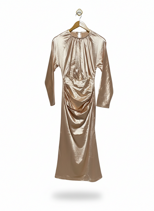 SHEIN |M| BUST FREE| C6|  WOMEN'S METALLIC CHAMPAGNE LONG SLEEVE RUCHED MAXI DRESS