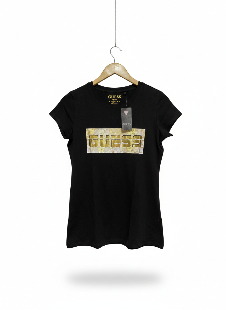 GUESS |M| BUST 17| C1| STYLISH AND GLAMOROUS BLACK CREWNECK TEE FEATURING A BOLD SEQUIN BOX LOGO
