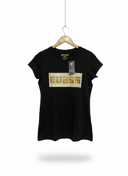 GUESS |M| BUST 17| C1| STYLISH AND GLAMOROUS BLACK CREWNECK TEE FEATURING A BOLD SEQUIN BOX LOGO