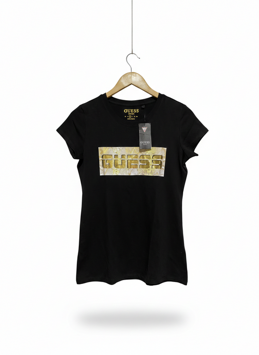 GUESS |M| BUST 17| C1| STYLISH AND GLAMOROUS BLACK CREWNECK TEE FEATURING A BOLD SEQUIN BOX LOGO
