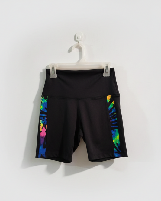 PINK ACIVE|XS|WAIST 22|BLACK HIGH-WAISTED BIKE SHORTS WITH A MULTICOLOR SIDE STRIPE