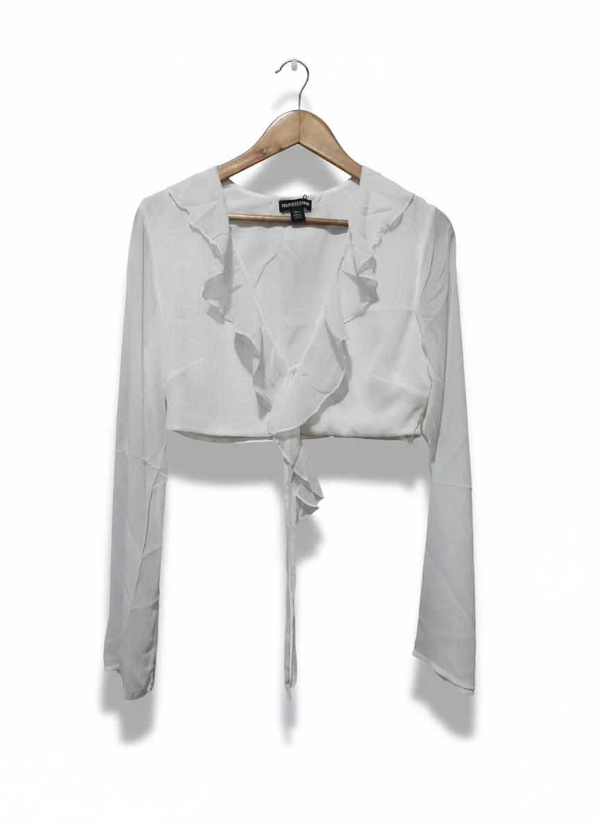 PrettyLittleThing White Cheesecloth Ruffle Tie Front Long Sleeve Top
