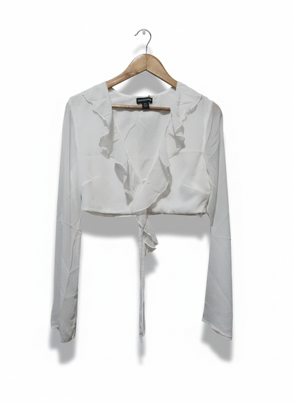 PrettyLittleThing White Cheesecloth Ruffle Tie Front Long Sleeve Top