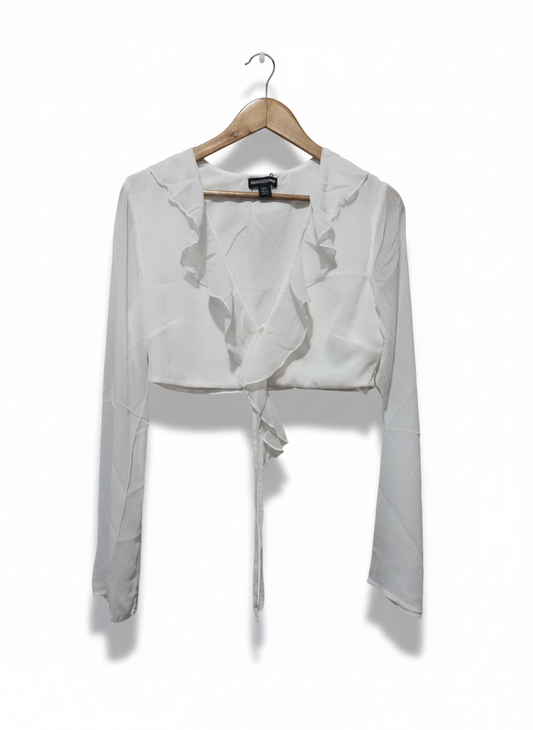 PrettyLittleThing White Cheesecloth Ruffle Tie Front Long Sleeve Top