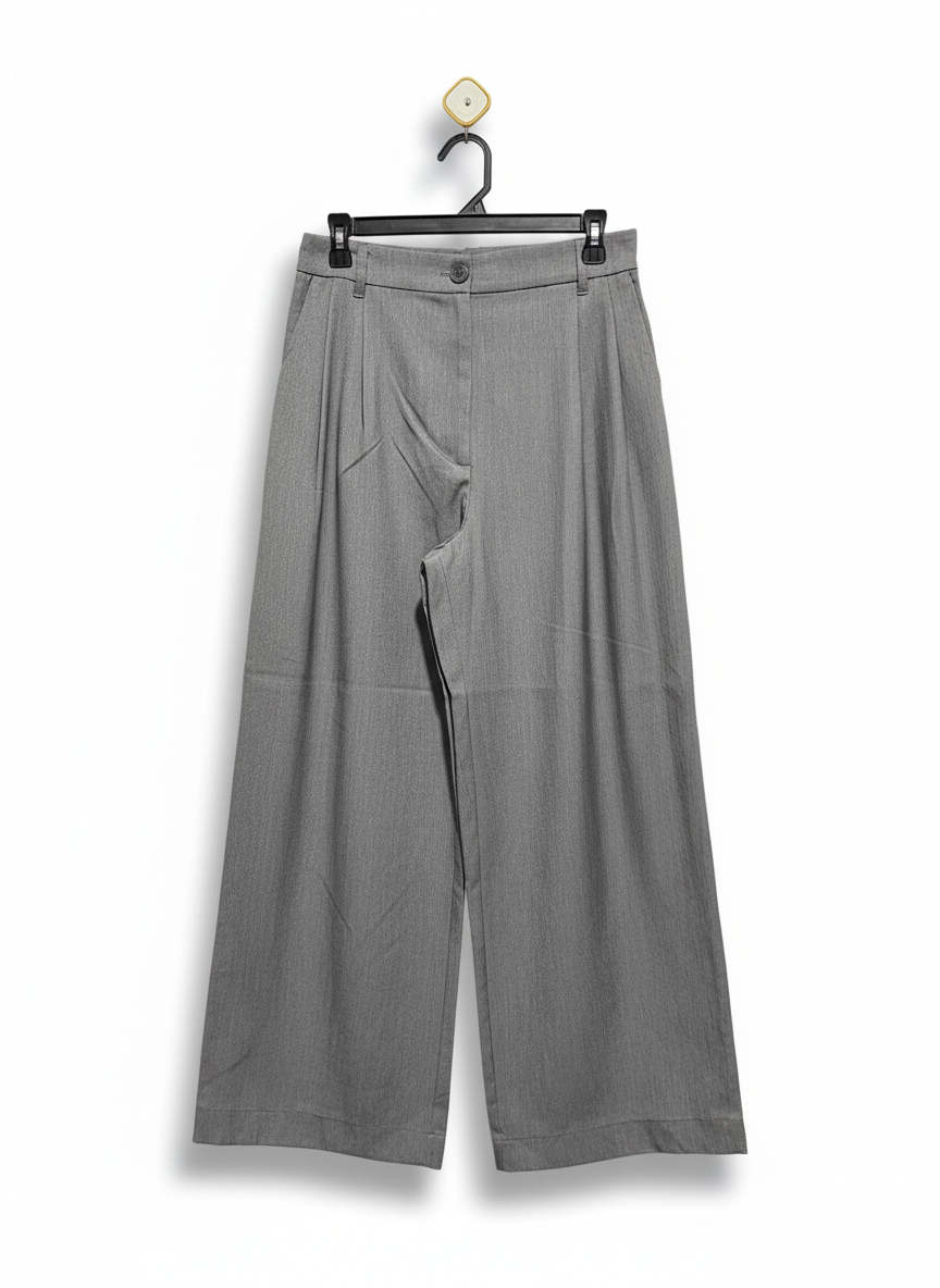 Pomelo Wide Leg Pleated Trousers - Light Grey |L| WAIST 30|