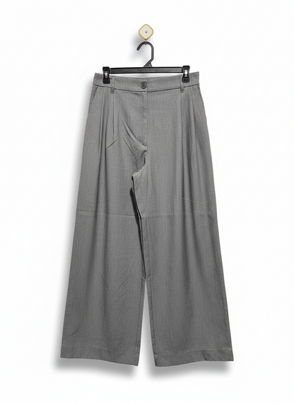 Pomelo Wide Leg Pleated Trousers - Light Grey |L| WAIST 30|