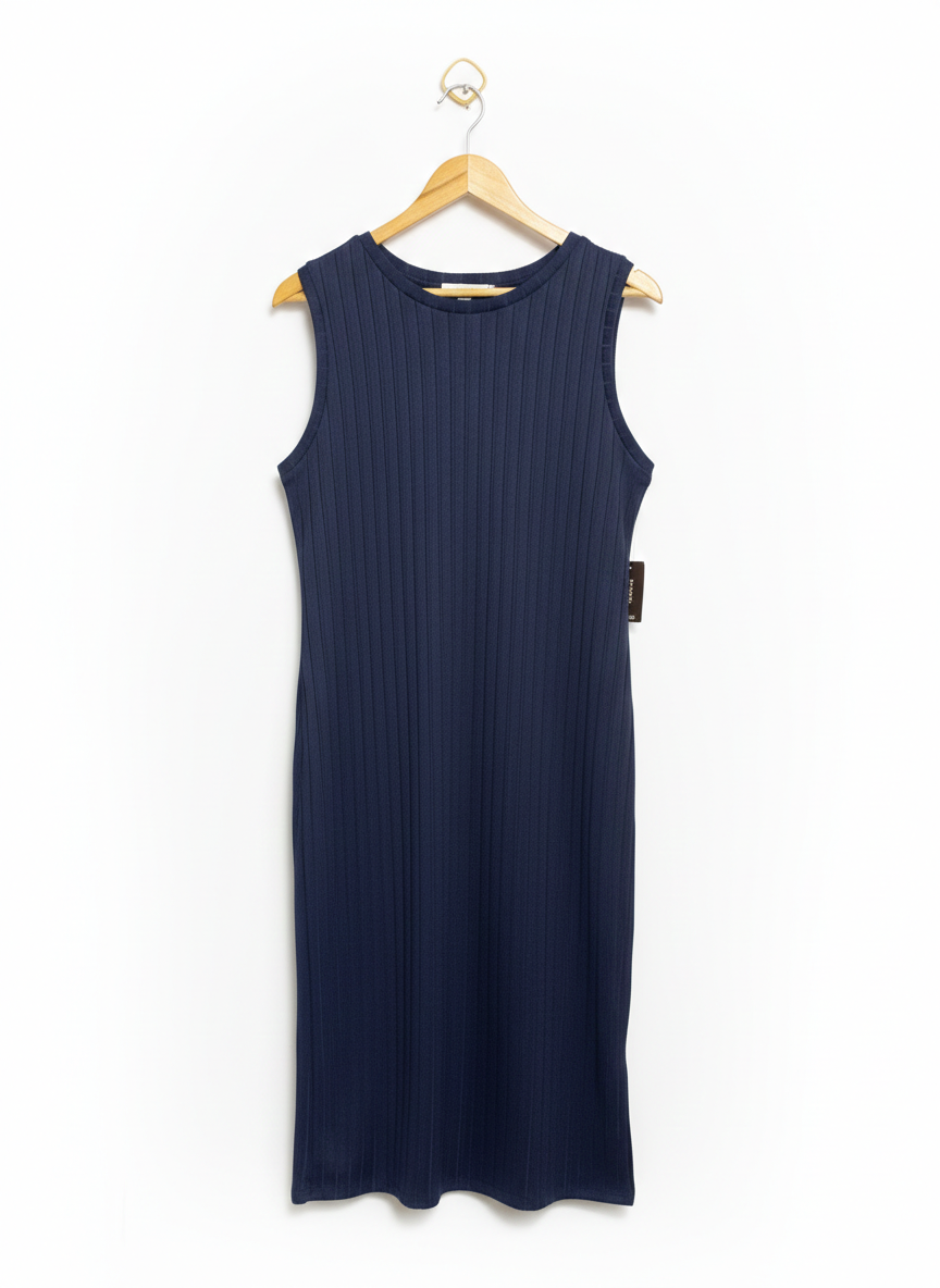 Navy Blue Sleeveless Ribbed Midi Dress |M| BUST 17|