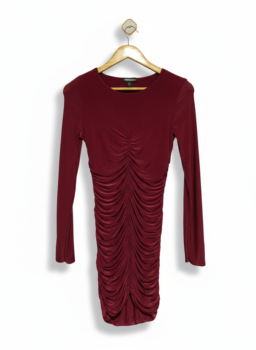 PINK VANILLA |S| BUST 14| C3| CRIMSON RUCHED LONG-SLEEVE MINI DRESS