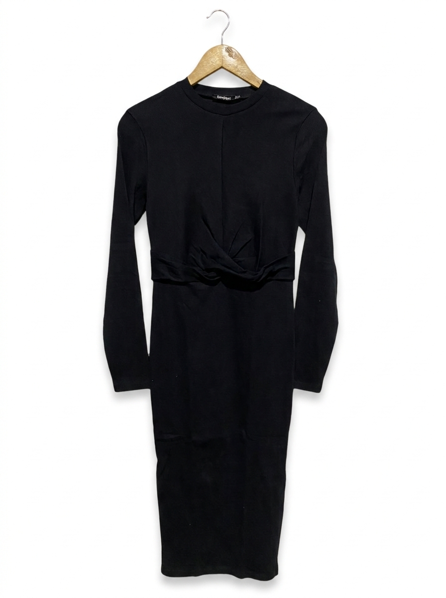 BOOHOO |M| BUST 14| BLACK TWIST-WAIST LONG SLEEVE MIDI DRESS