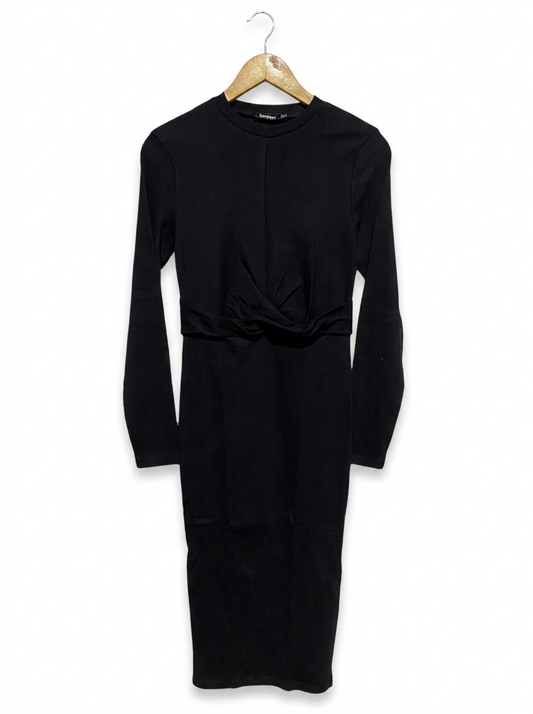 BOOHOO |M| BUST 14| BLACK TWIST-WAIST LONG SLEEVE MIDI DRESS
