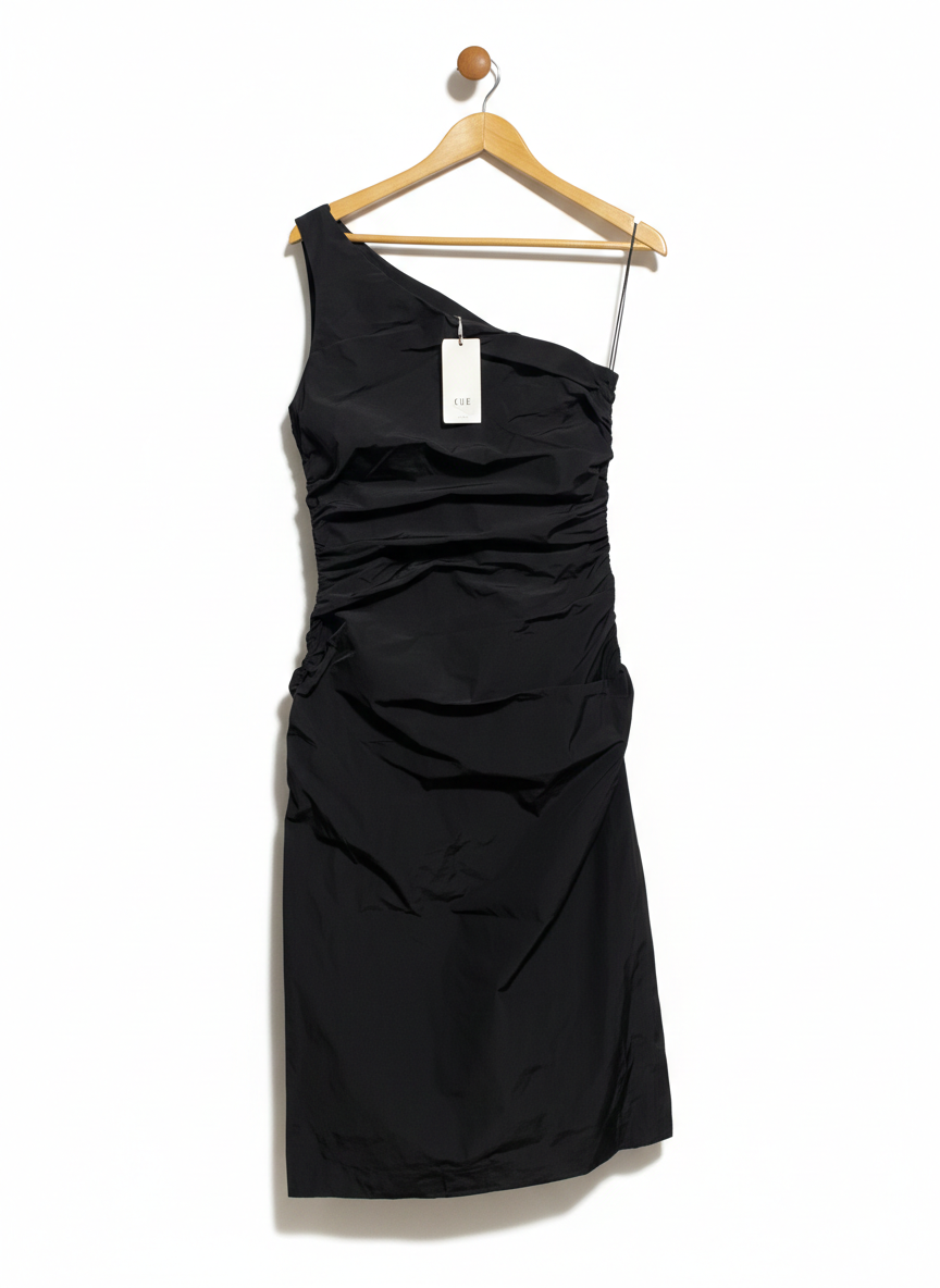 CUE |M| BUST 17| BLACK ONE-SHOULDER RUCHED MINI DRESS