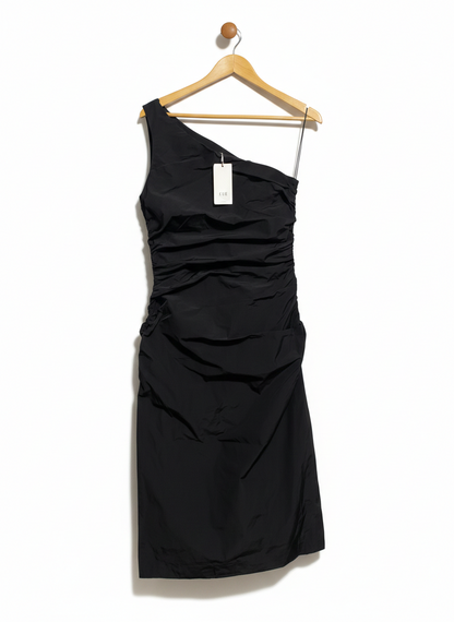 CUE |M| BUST 17| BLACK ONE-SHOULDER RUCHED MINI DRESS