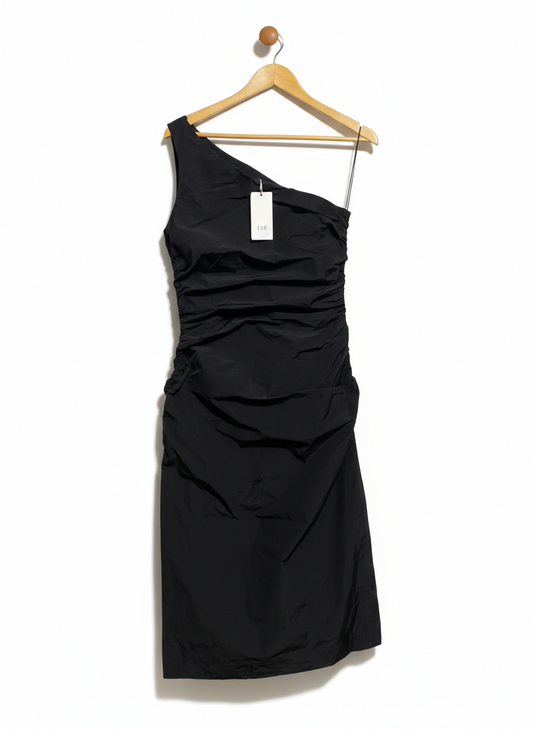 CUE |M| BUST 17| BLACK ONE-SHOULDER RUCHED MINI DRESS