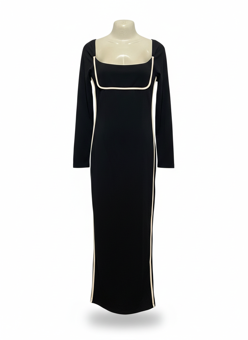 SUN |L| BUST 16| CHIC BLACK LONG-SLEEVE MAXI DRESS - SQUARE NECK WITH WHITE PIPING