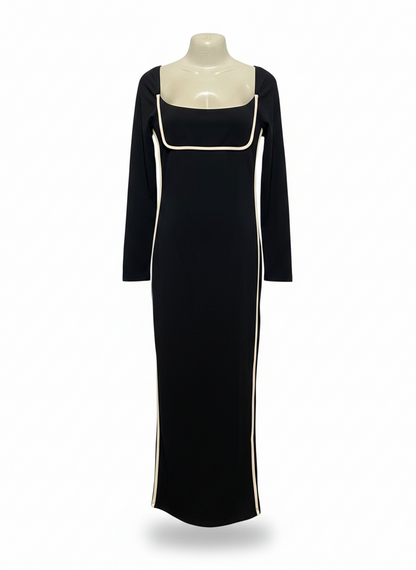 SUN |L| BUST 16| CHIC BLACK LONG-SLEEVE MAXI DRESS - SQUARE NECK WITH WHITE PIPING