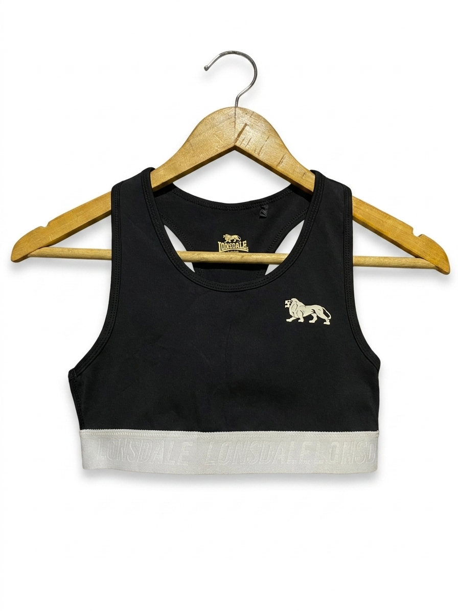 LONSDALE |S| BUST 12| B26| BLACK RACERBACK SPORTS BRA WITH EMBROIDERED LION LOGO