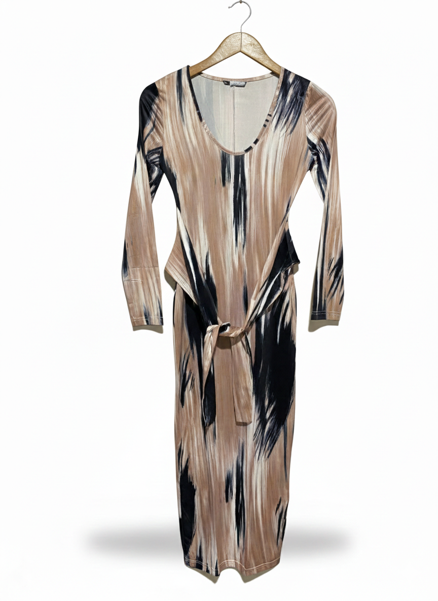 ABSTRACT STROKE PRINT MOCK-WRAP MIDI DRESS |XS| BUST 14|